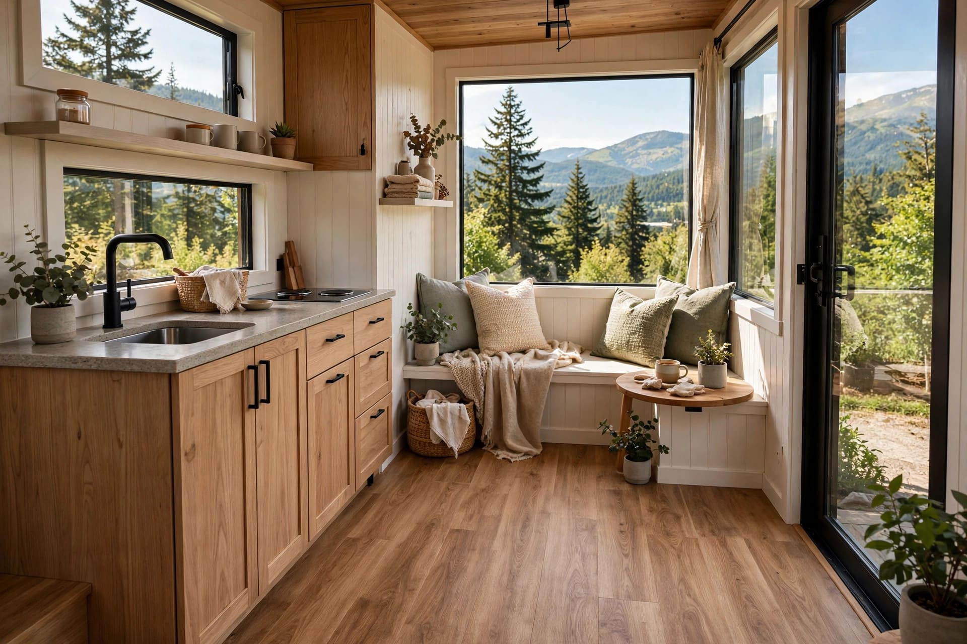 tiny house flooring ideas with light vinyl plank flooring in a bright small living space