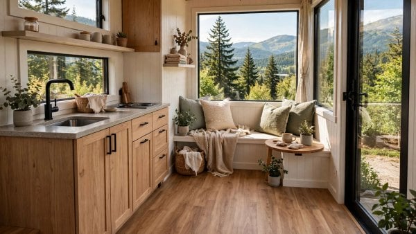 tiny house flooring ideas with light vinyl plank flooring in a bright small living space