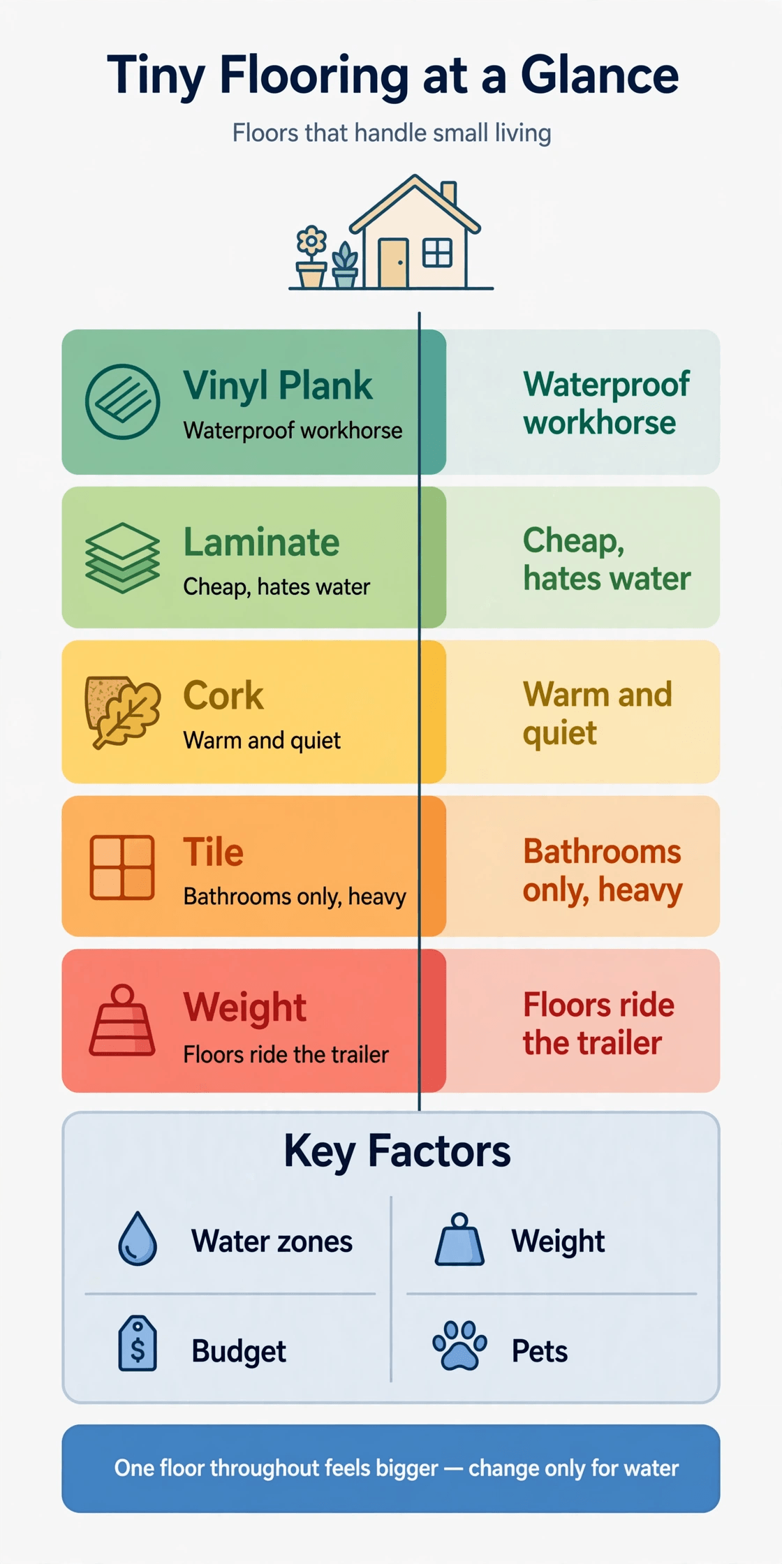 tiny house flooring ideas infographic comparing vinyl plank laminate cork bamboo and tile for small living