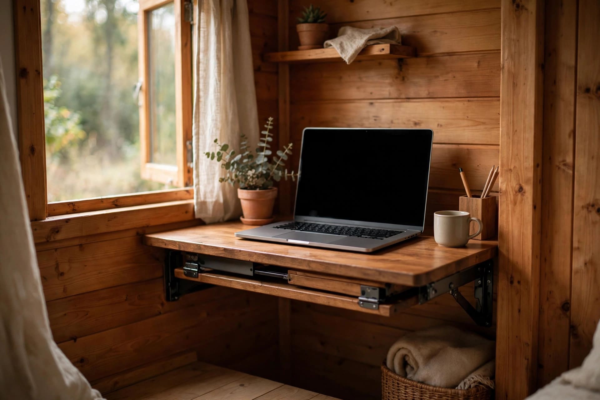 tiny house home office interior with a closet desk and daylight in a 200 square foot home