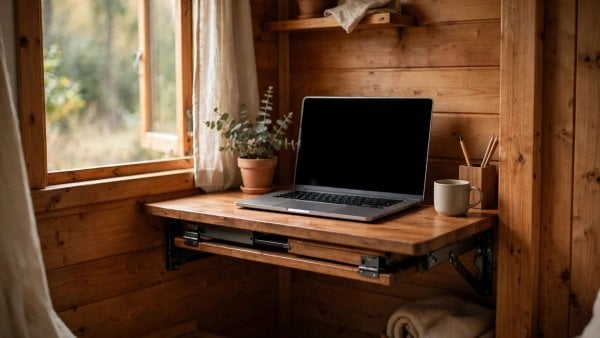 tiny house home office interior with a closet desk and daylight in a 200 square foot home