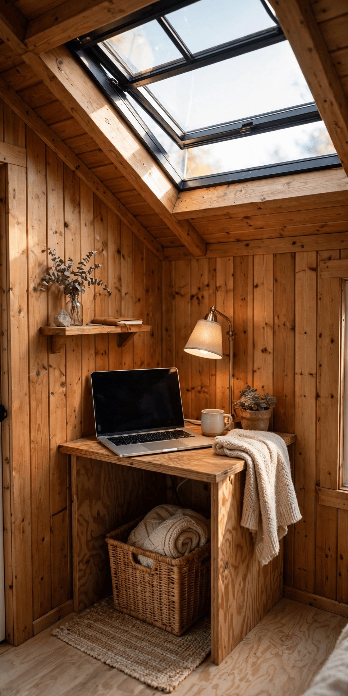 tiny house home office interior pin showing closed vertical storage beside a small desk