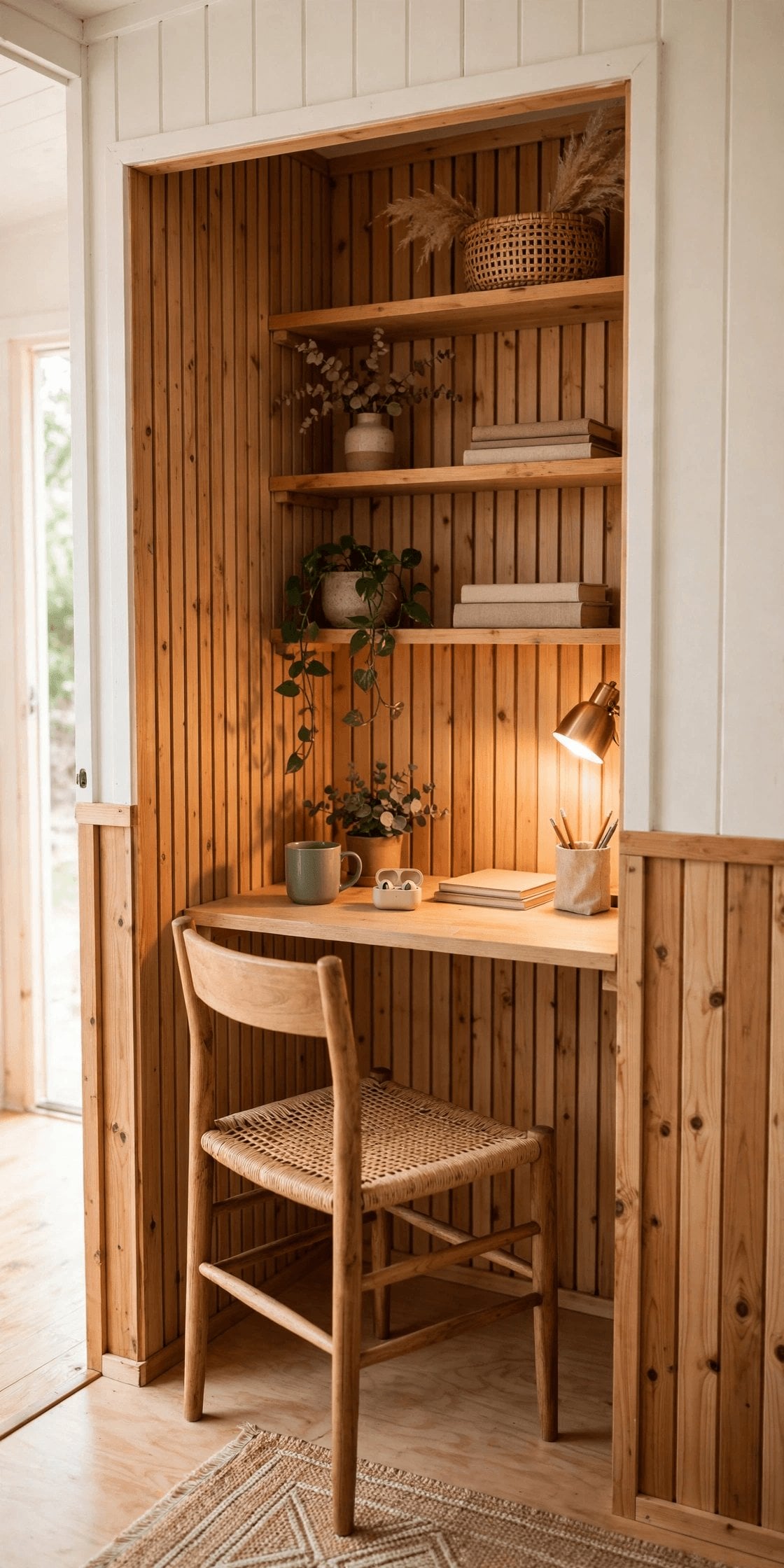tiny house home office interior pin showing a fold-down desk that closes after work