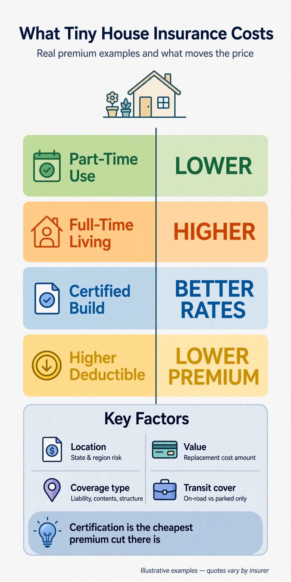 Tiny house insurance cost infographic — example annual premiums for five owner profiles