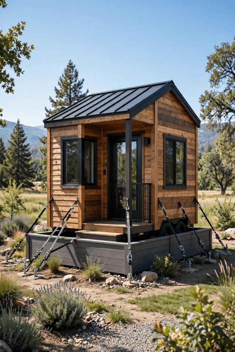 Tiny house insurance cost reduced by keeping a tiny house safe with alarms, anchoring and fire protection