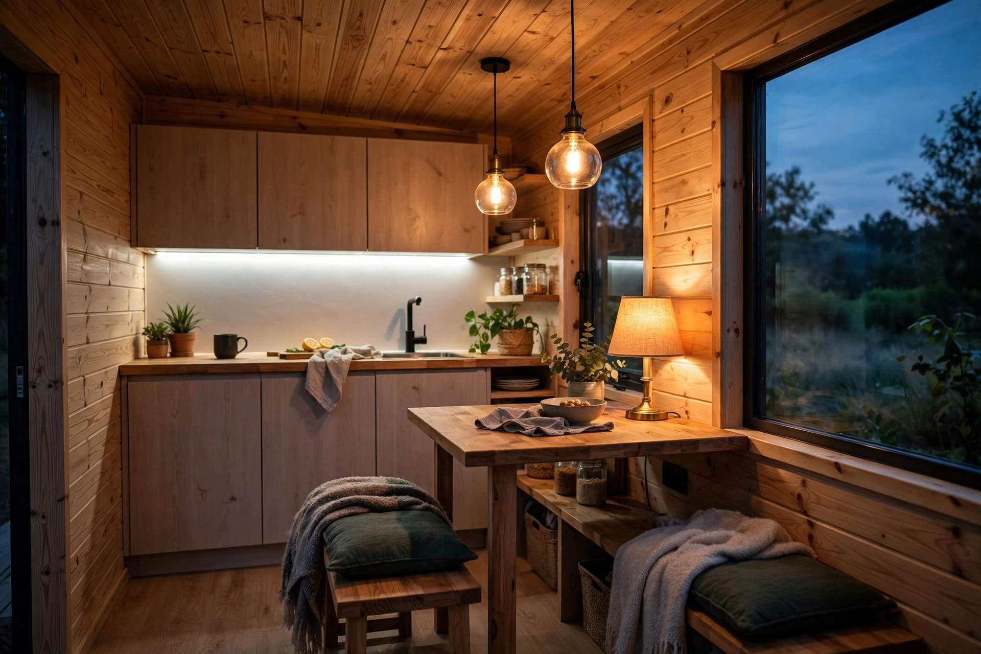 Tiny house interior lighting ideas with layered ambient, task and accent light in a compact living space