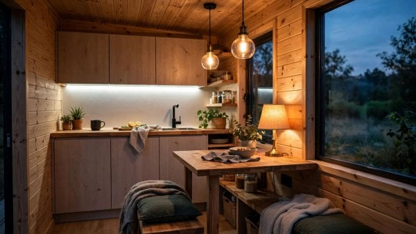 Tiny house interior lighting ideas with layered ambient, task and accent light in a compact living space