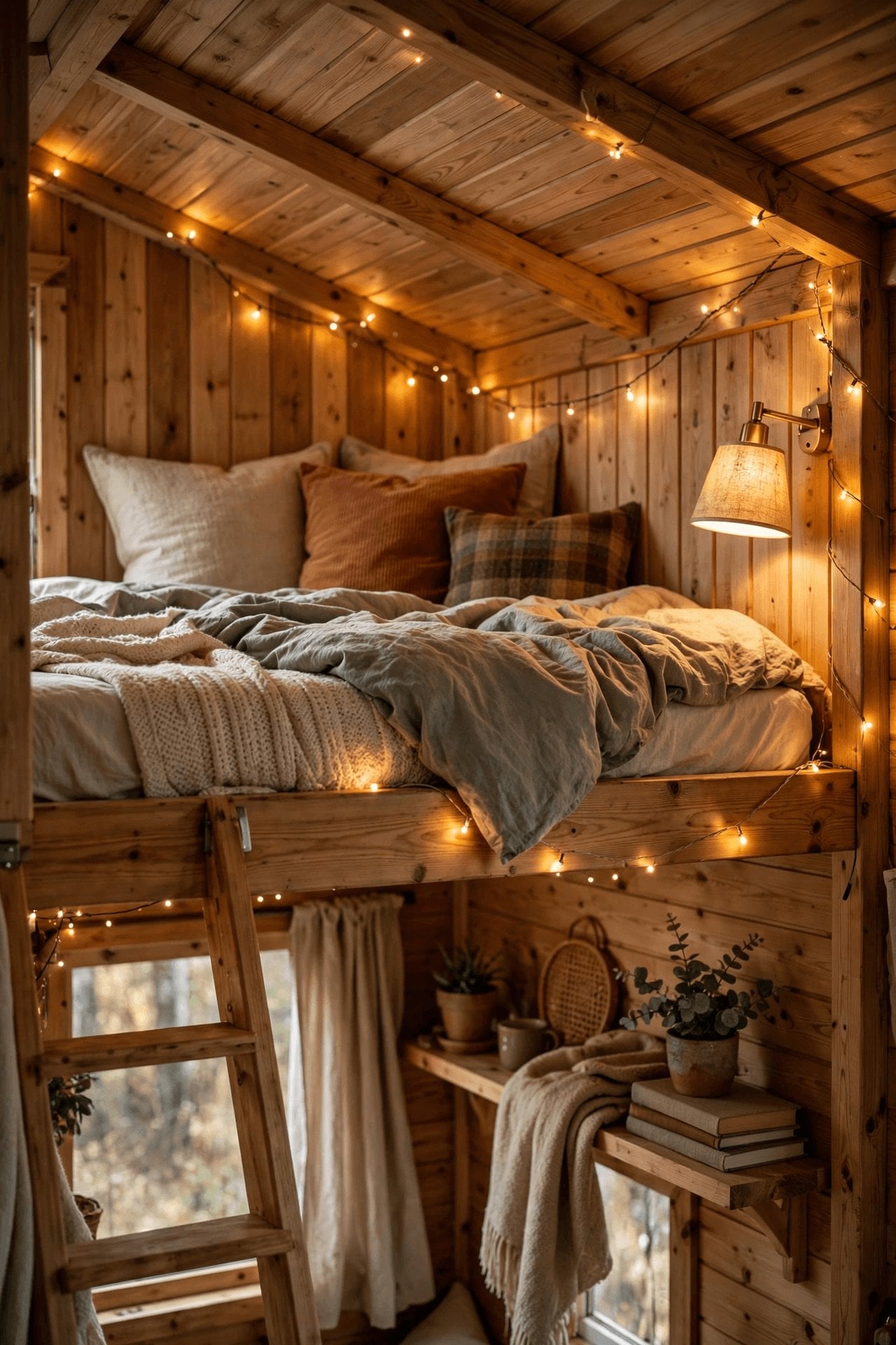 Tiny house interior lighting ideas pin showing low-glare loft lighting with warm accent light along the stairs