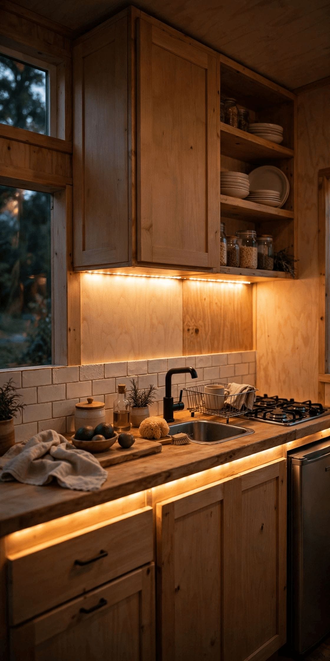 Tiny house interior lighting ideas pin with warm dimmable sconces and under-shelf task lighting in a small kitchen