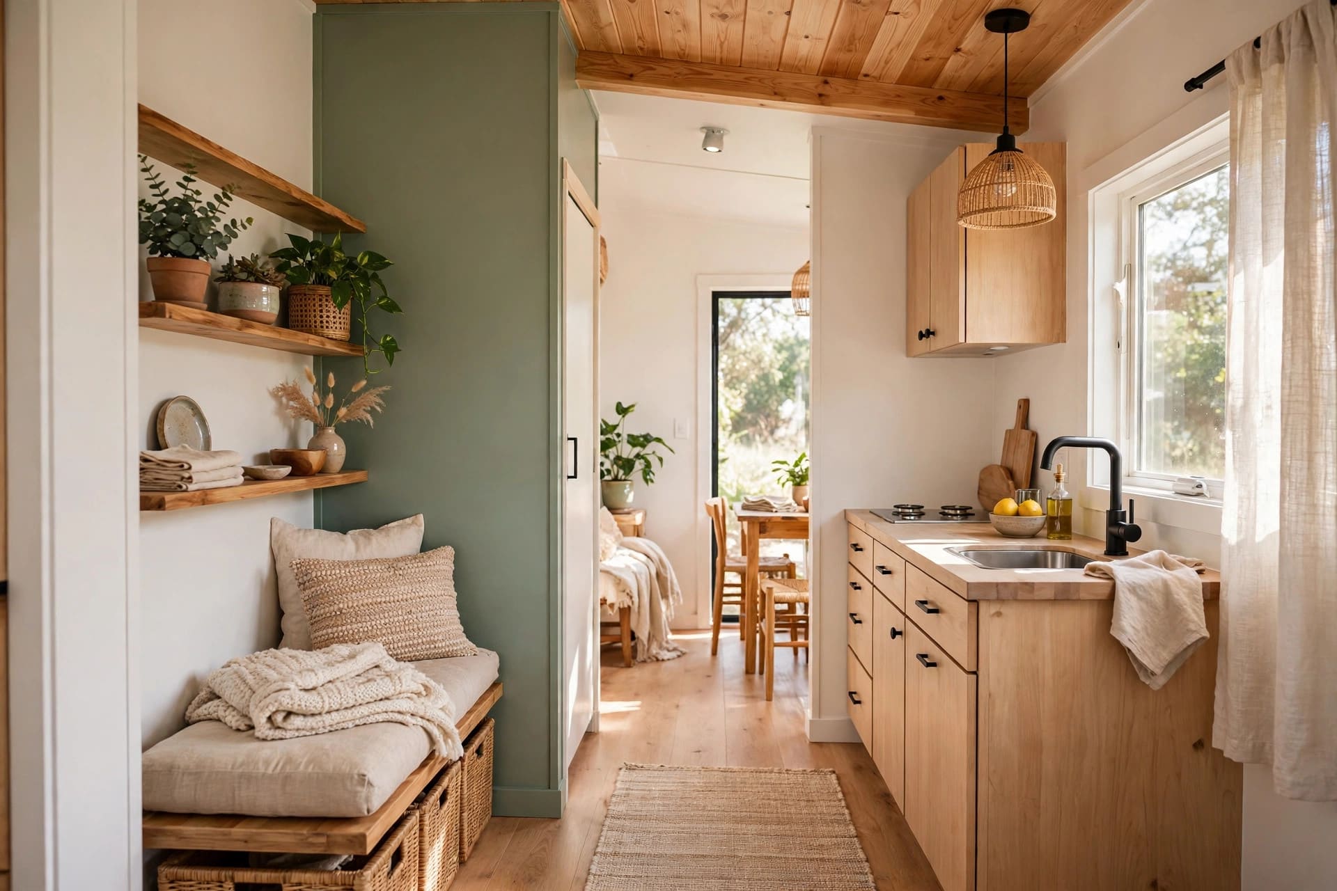 Tiny house interior paint colors in warm white and pale sage that make a small room feel bigger