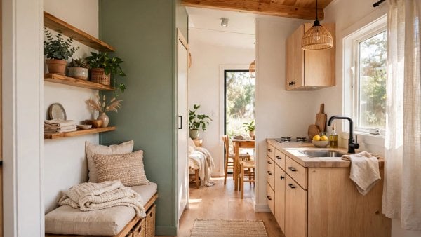 Tiny house interior paint colors in warm white and pale sage that make a small room feel bigger