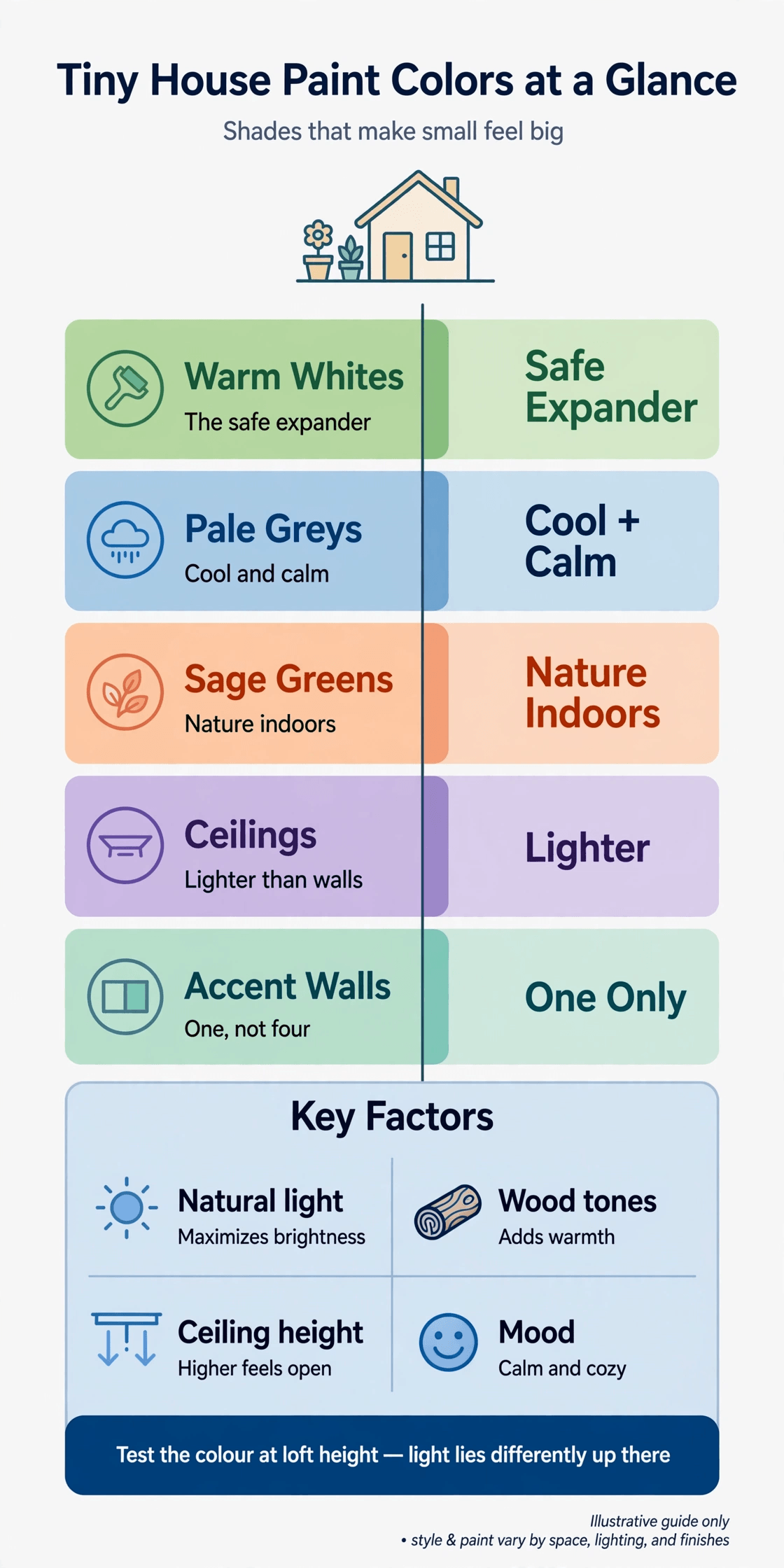 Tiny house interior paint colors infographic comparing warm whites, pale greys, sage greens and accent wall ideas