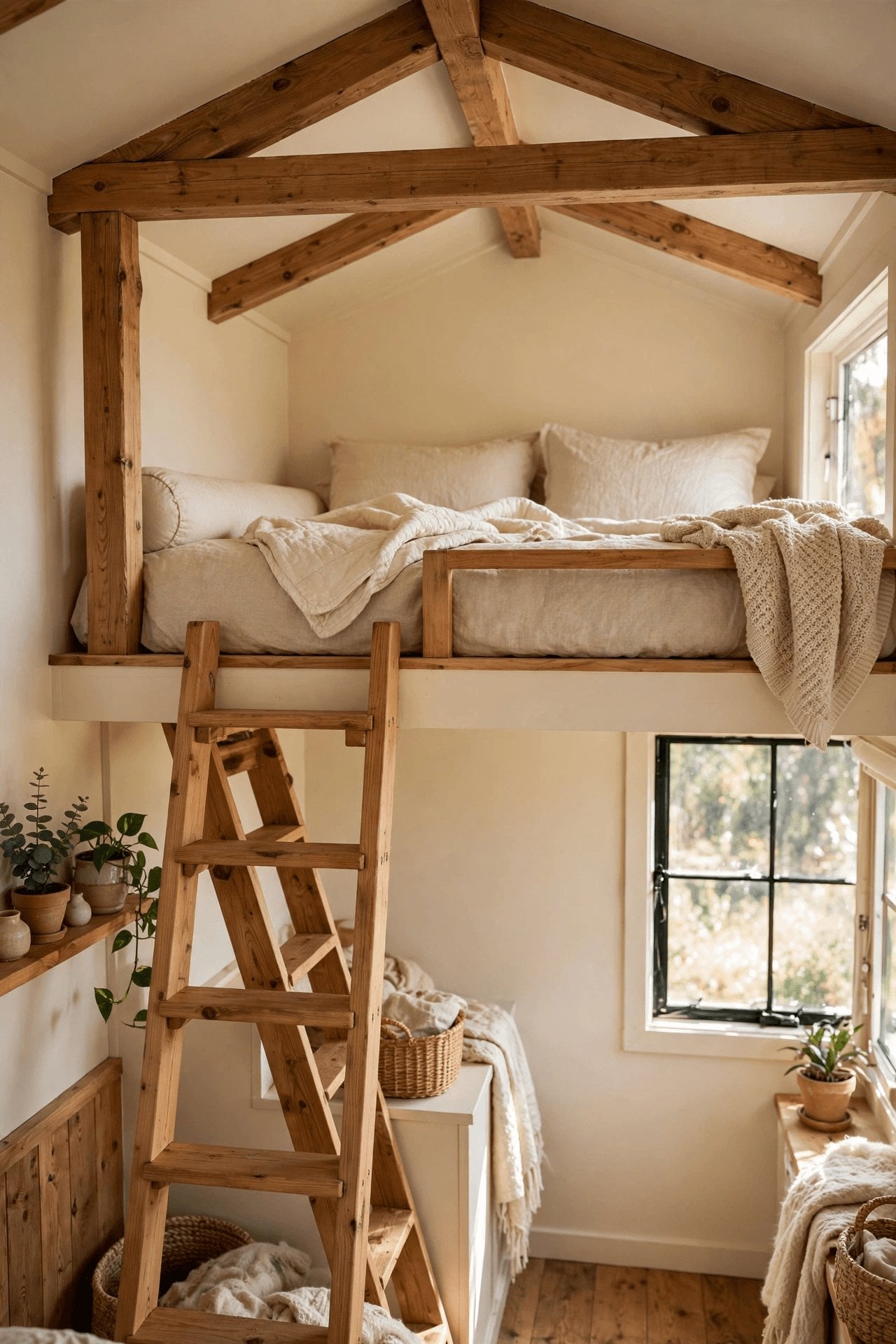 Tiny house interior paint colors pin with a soft sage green accent wall tested in changing loft light