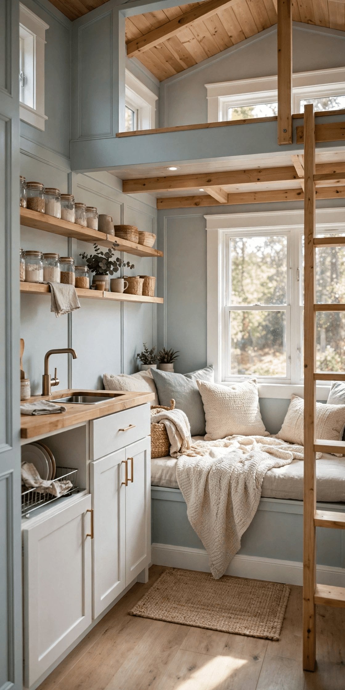 Tiny house interior paint colors pin showing a calm living space painted in warm white and pale grey with a lighter ceiling