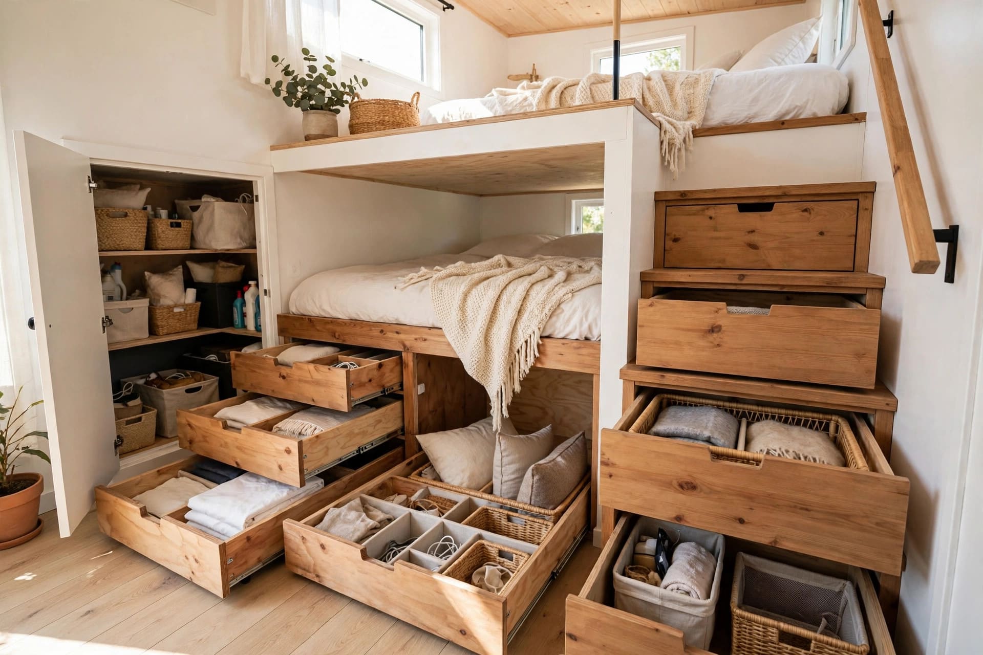 Tiny house interior storage ideas with storage stairs, bench drawers and hidden compartments in a small living space