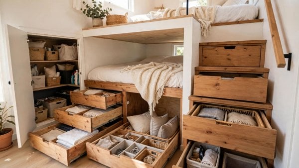 Tiny house interior storage ideas with storage stairs, bench drawers and hidden compartments in a small living space