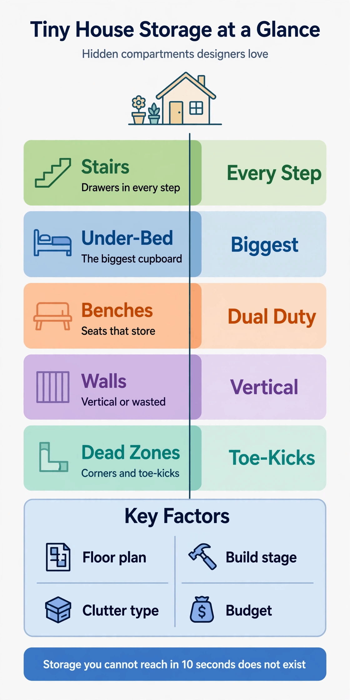 Tiny house interior storage ideas infographic mapping storage stairs, under-bed drawers, bench storage and dead-zone compartments
