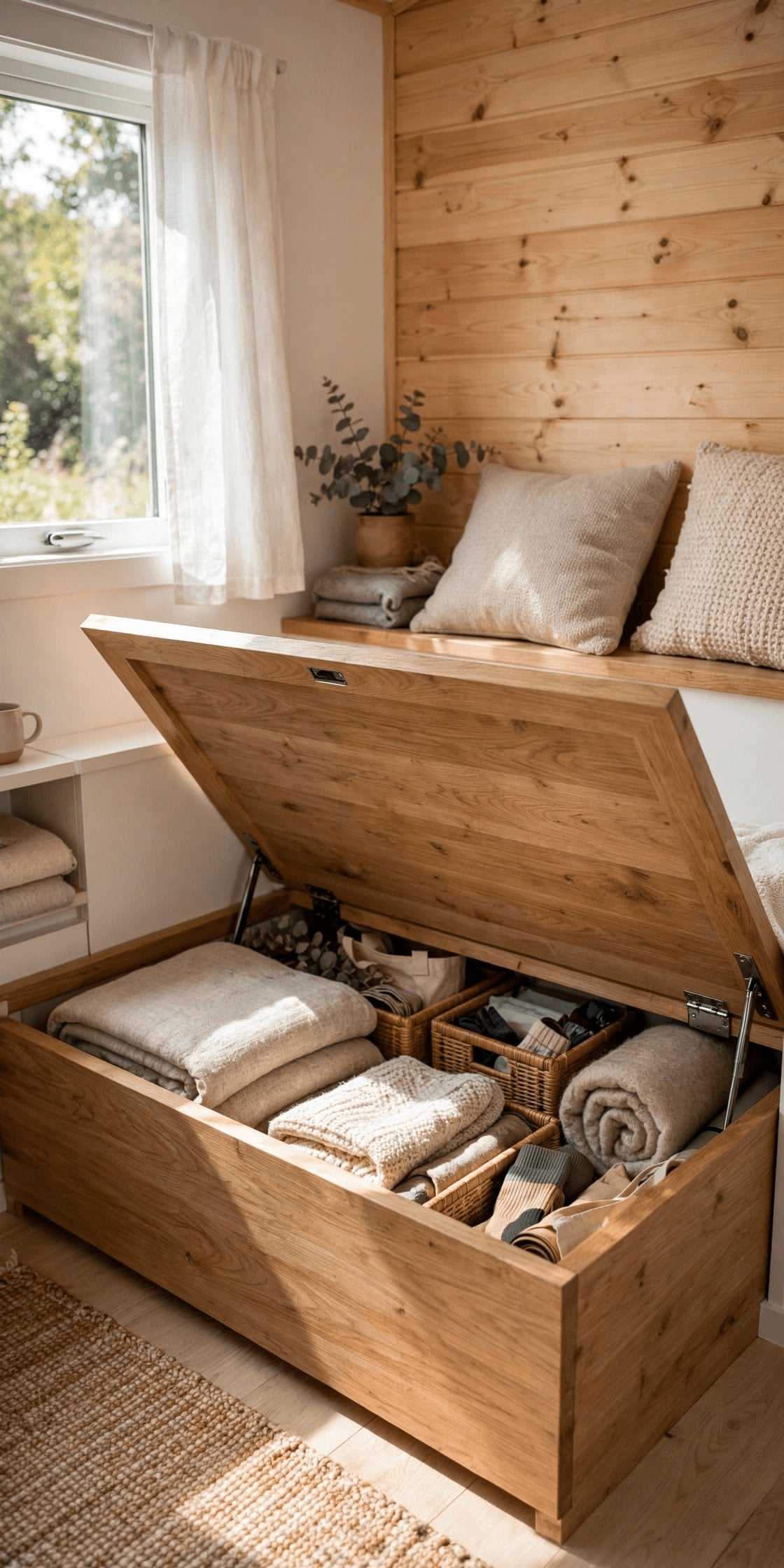 Tiny house interior storage ideas pin with vertical wall storage, toe-kick drawers and labelled corner compartments