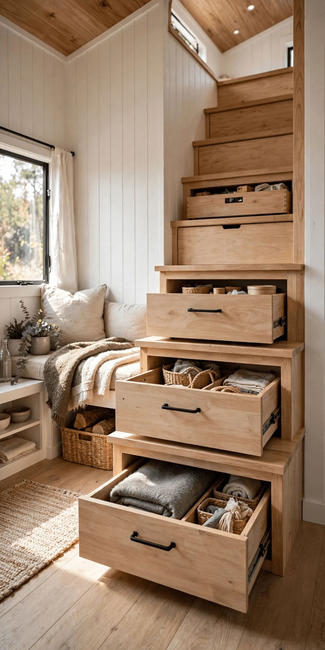 Tiny house interior storage ideas pin showing deep under-bed drawers and a storage bench in a compact bedroom zone
