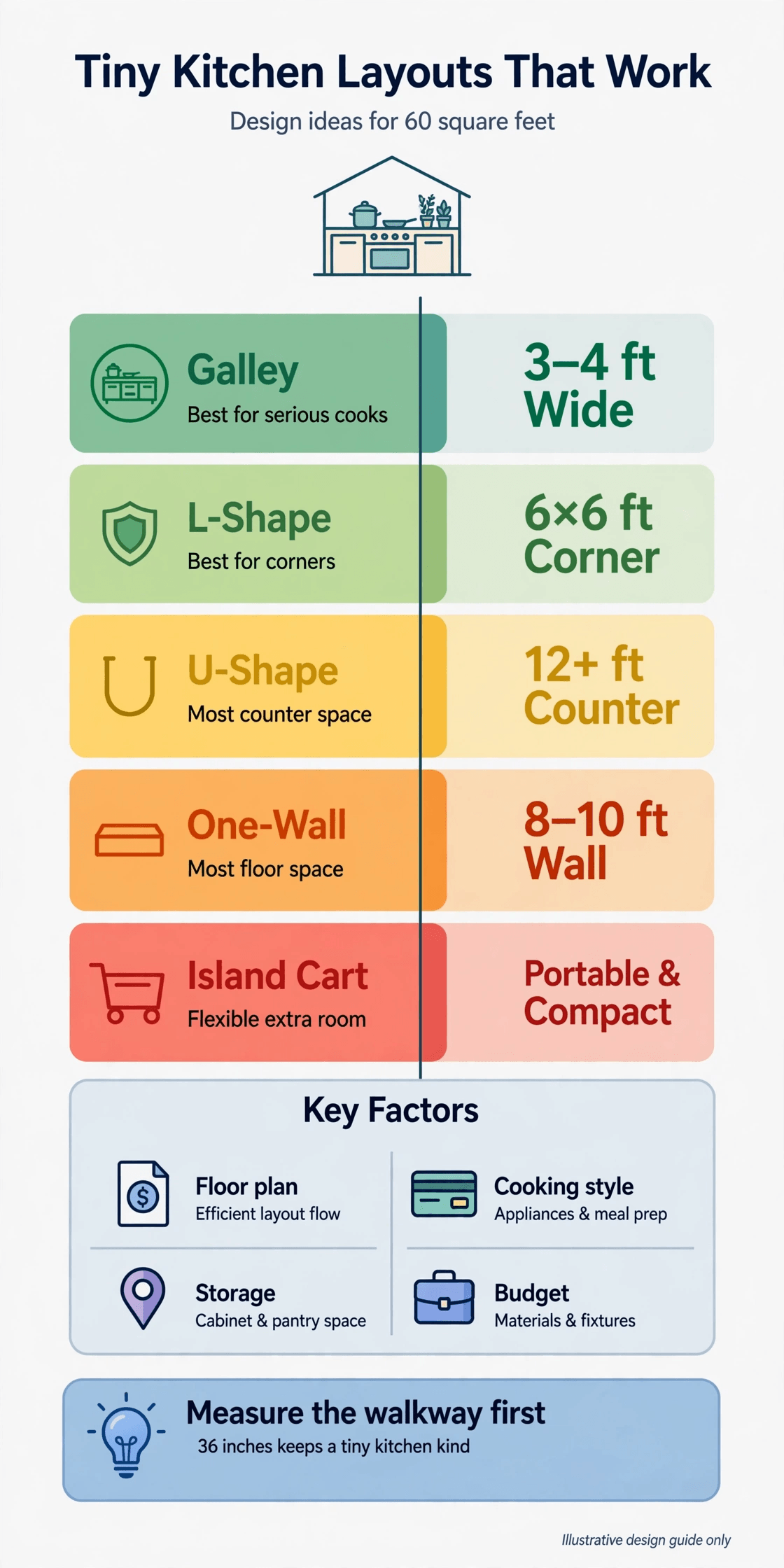 tiny house kitchen interior design layout summary infographic with galley L shape U shape one wall and island cart options
