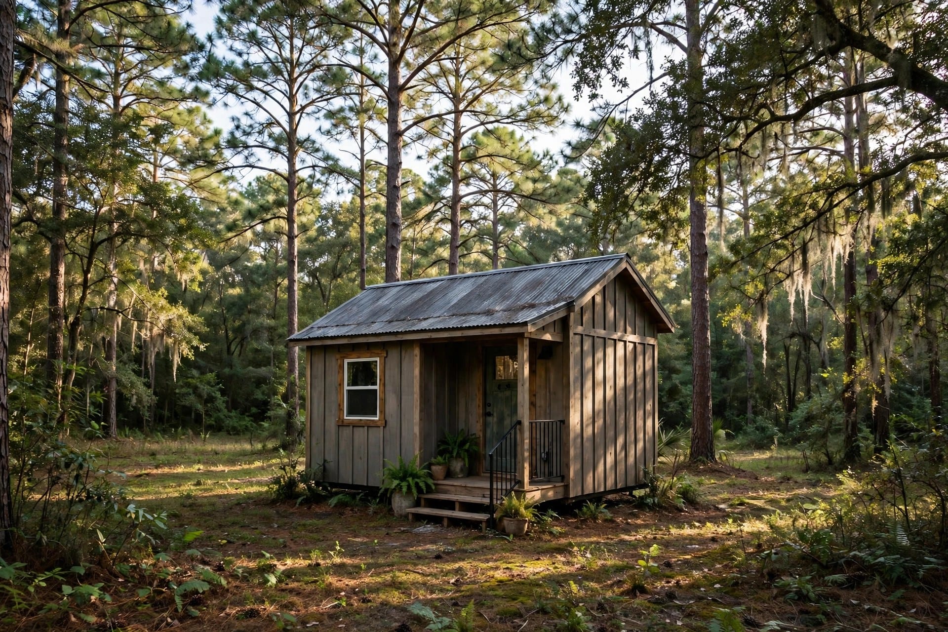tiny house laws in Alabama: a small southern tiny home on a wooded homesite under tall pines