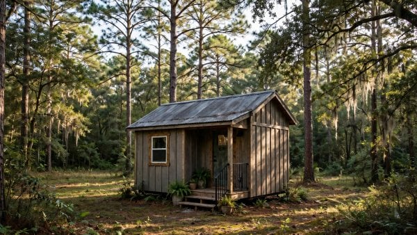 tiny house laws in Alabama: a small southern tiny home on a wooded homesite under tall pines