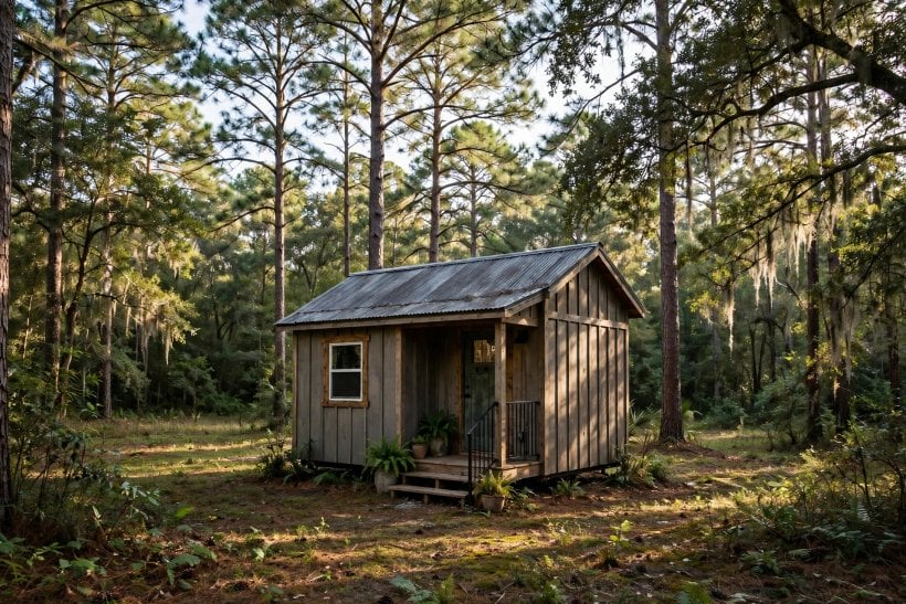 tiny house laws in Alabama: a small southern tiny home on a wooded homesite under tall pines
