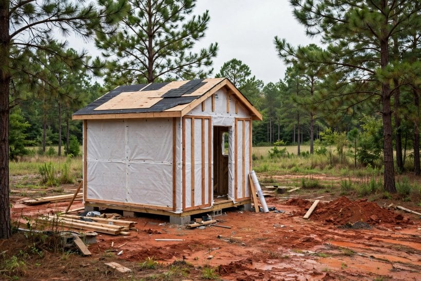tiny house laws in Alabama: a tiny house being finished on a rural lot, where local code enforcement varies by address