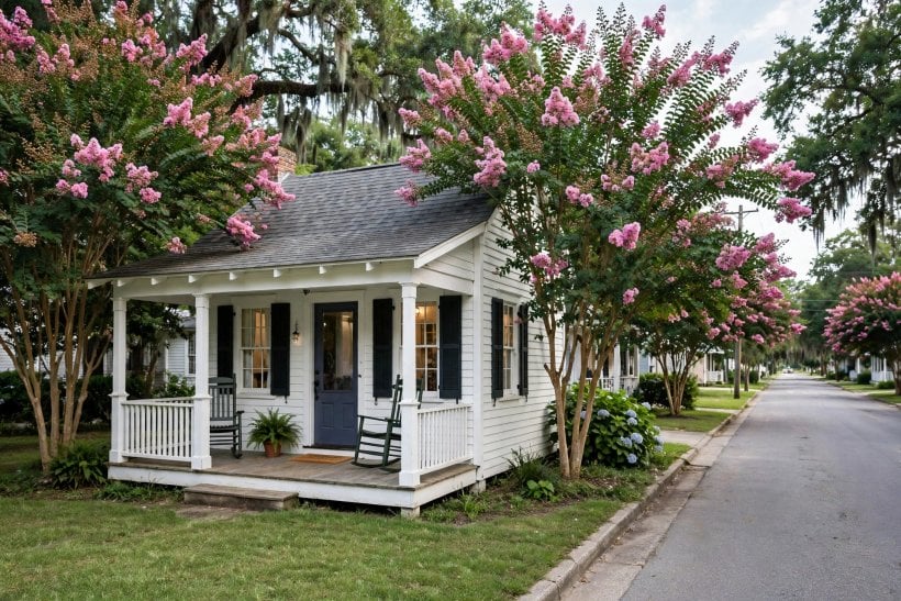 tiny house laws in Alabama: a compact cottage on a small-town street, where city ordinances can set minimum dwelling sizes