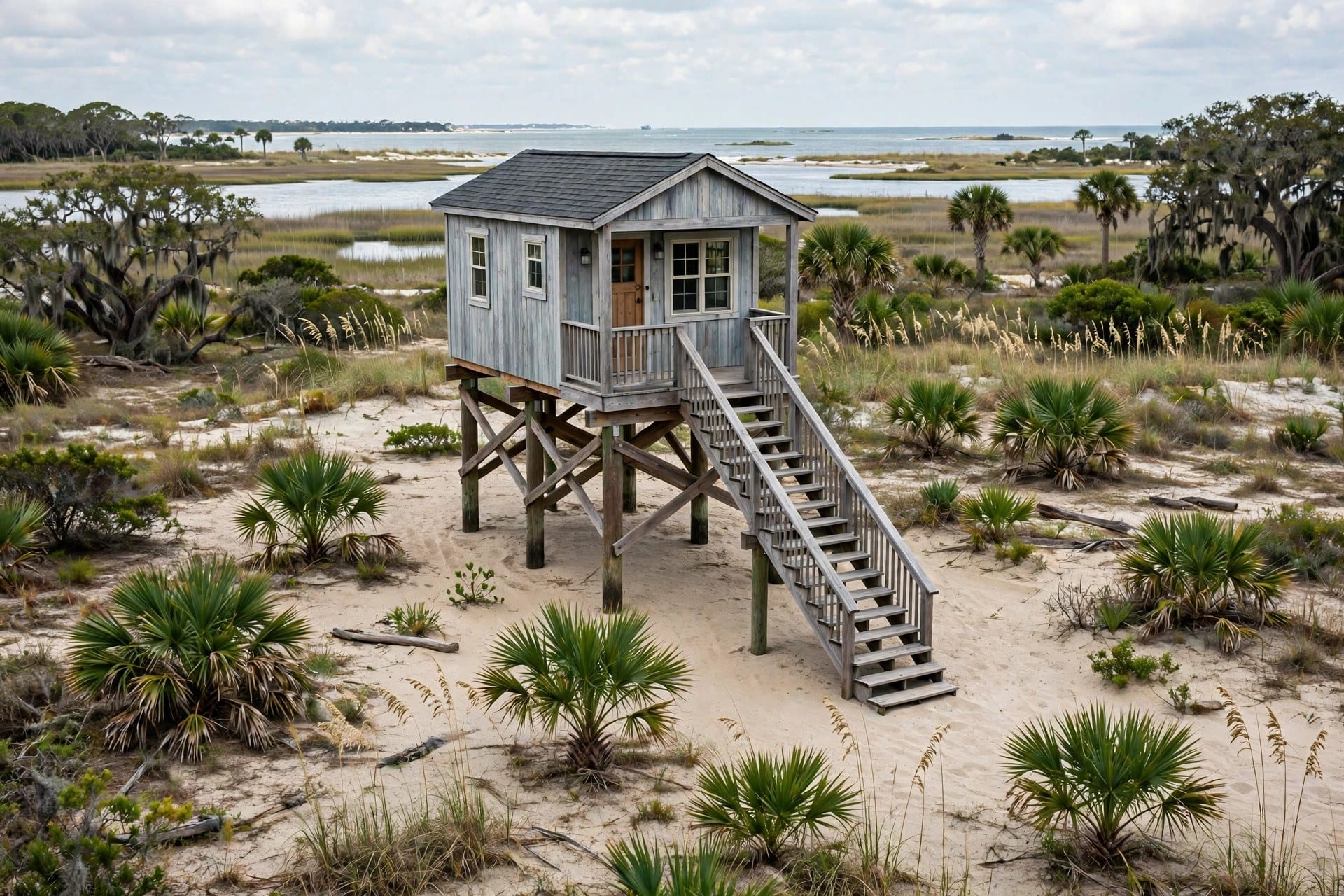 tiny house laws in Alabama: an elevated tiny home near the Gulf Coast, where flood and wind rules shape the build