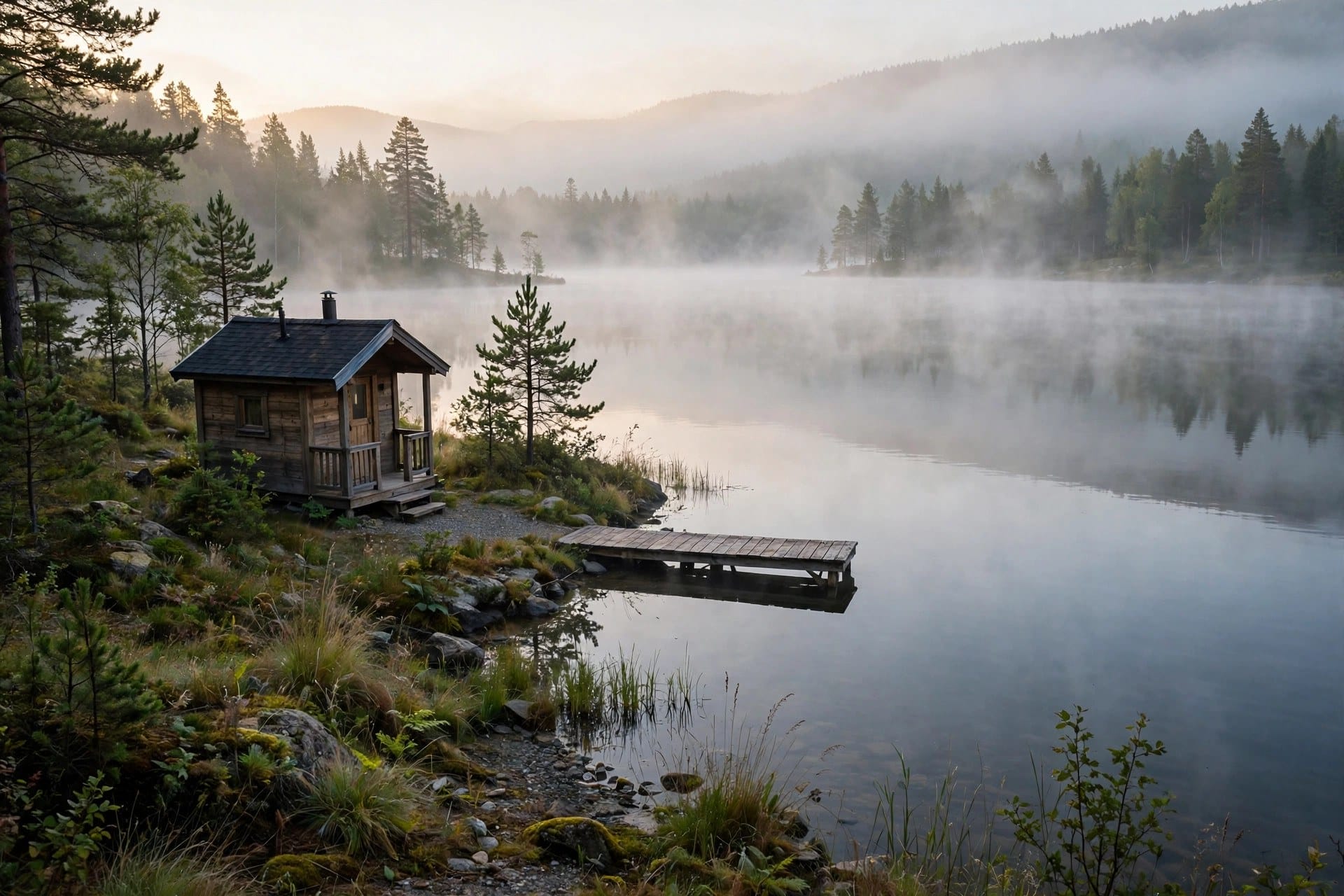tiny house laws in Alabama: a tiny house beside a lake shore at first light, where health department approval covers the septic system