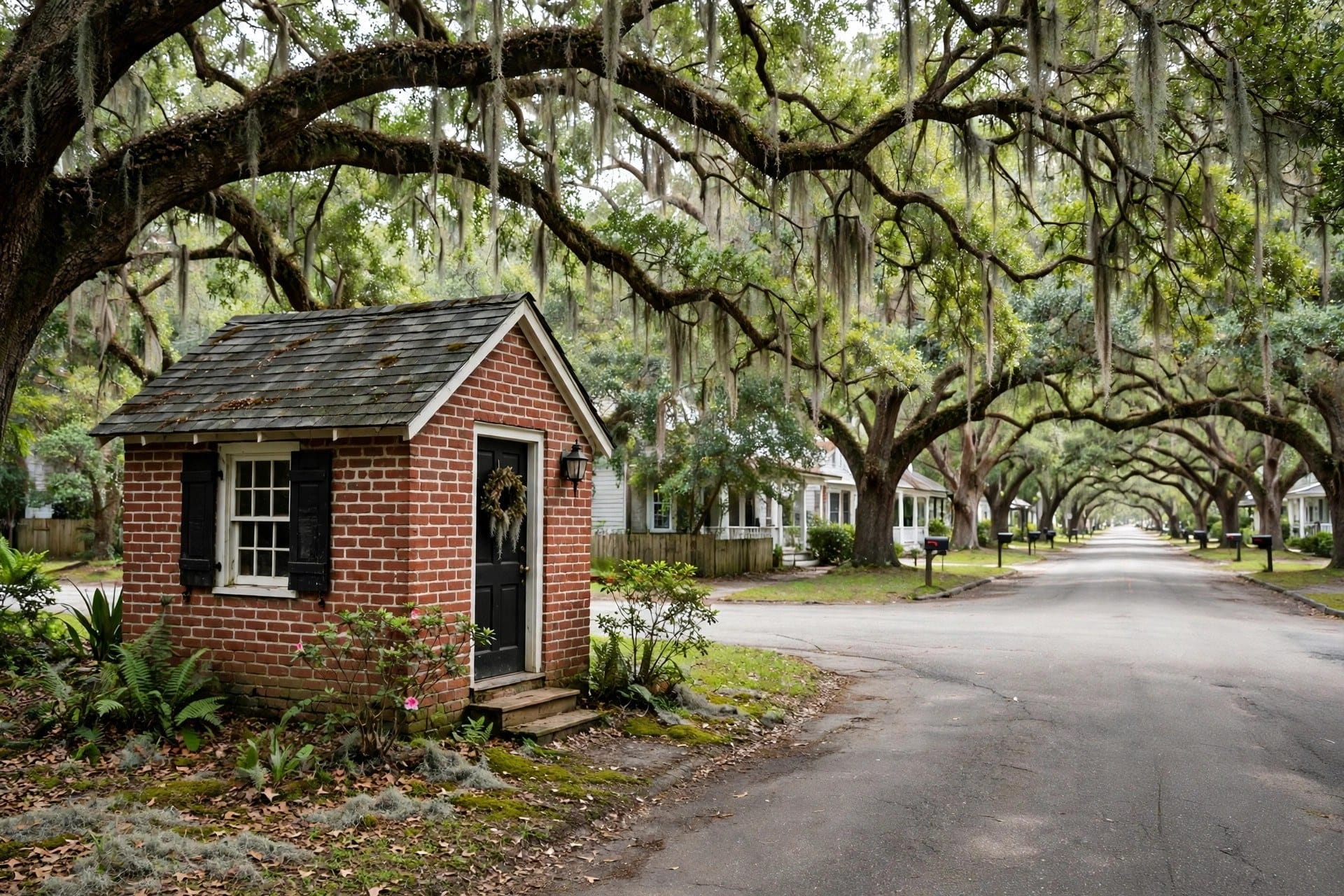 tiny house laws in Alabama: a brick-fronted tiny cottage on a quiet southern small-town street under live oaks
