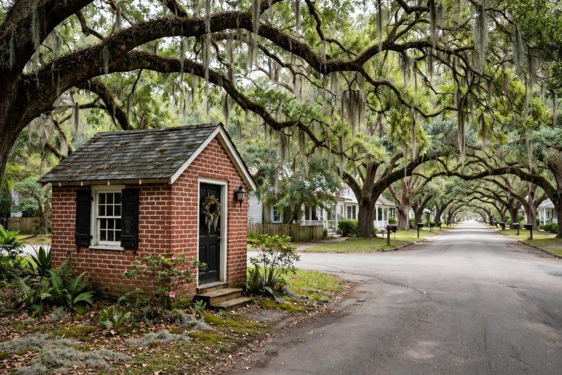 tiny house laws in Alabama: a brick-fronted tiny cottage on a quiet southern small-town street under live oaks
