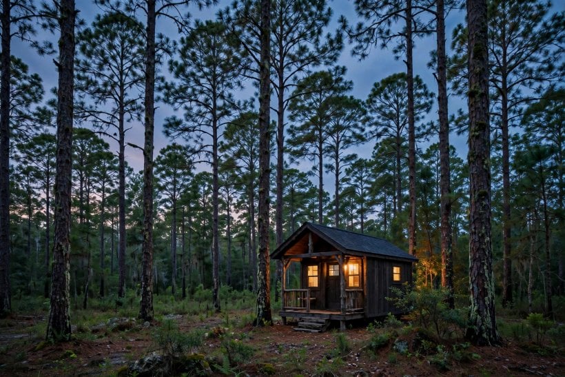 tiny house laws in Alabama: a tiny home among southern pines at dusk, settled on its own land the documented way