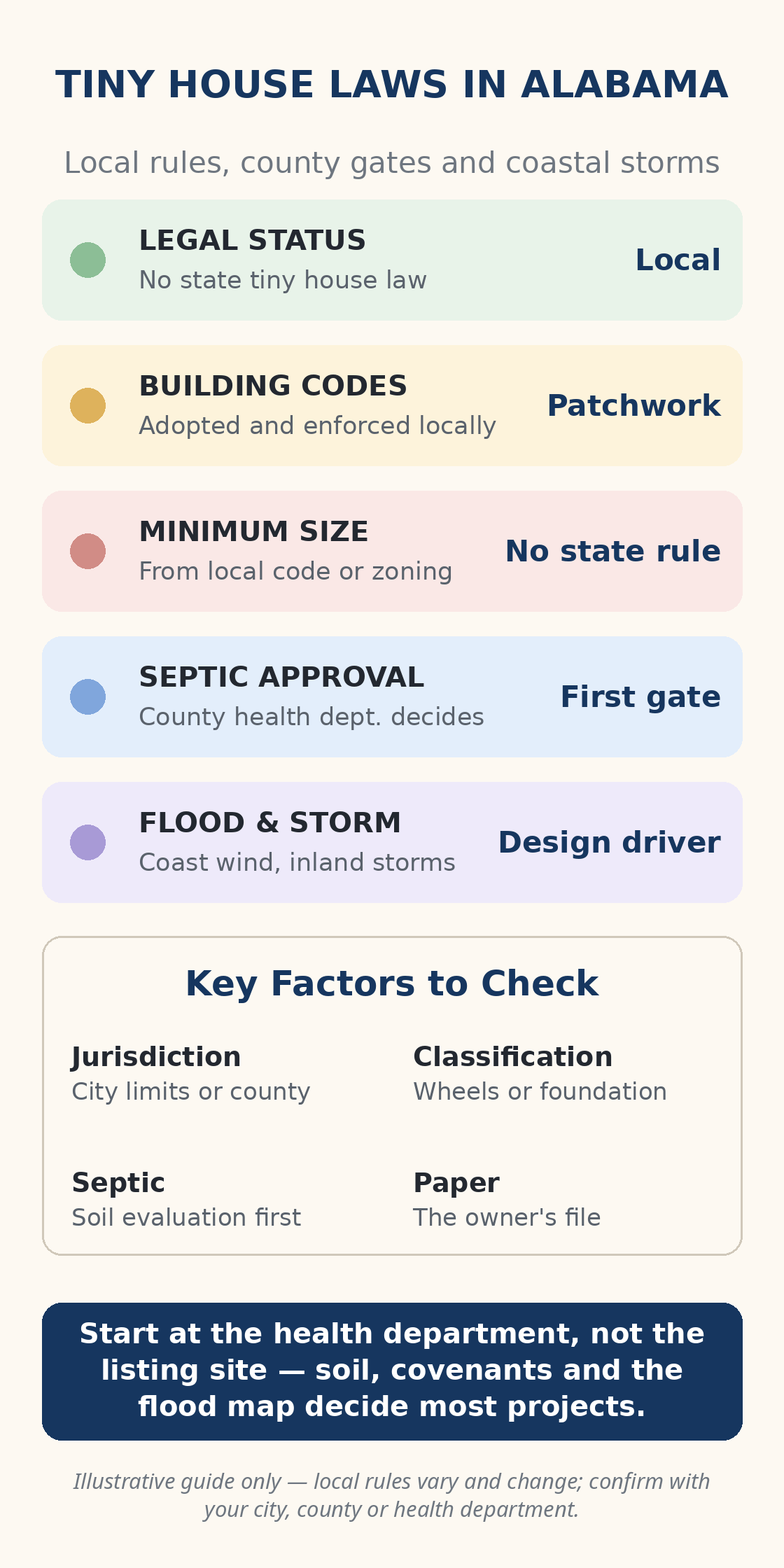 tiny house laws in Alabama infographic: the rules that decide a tiny house project, from local codes to health department septic approval