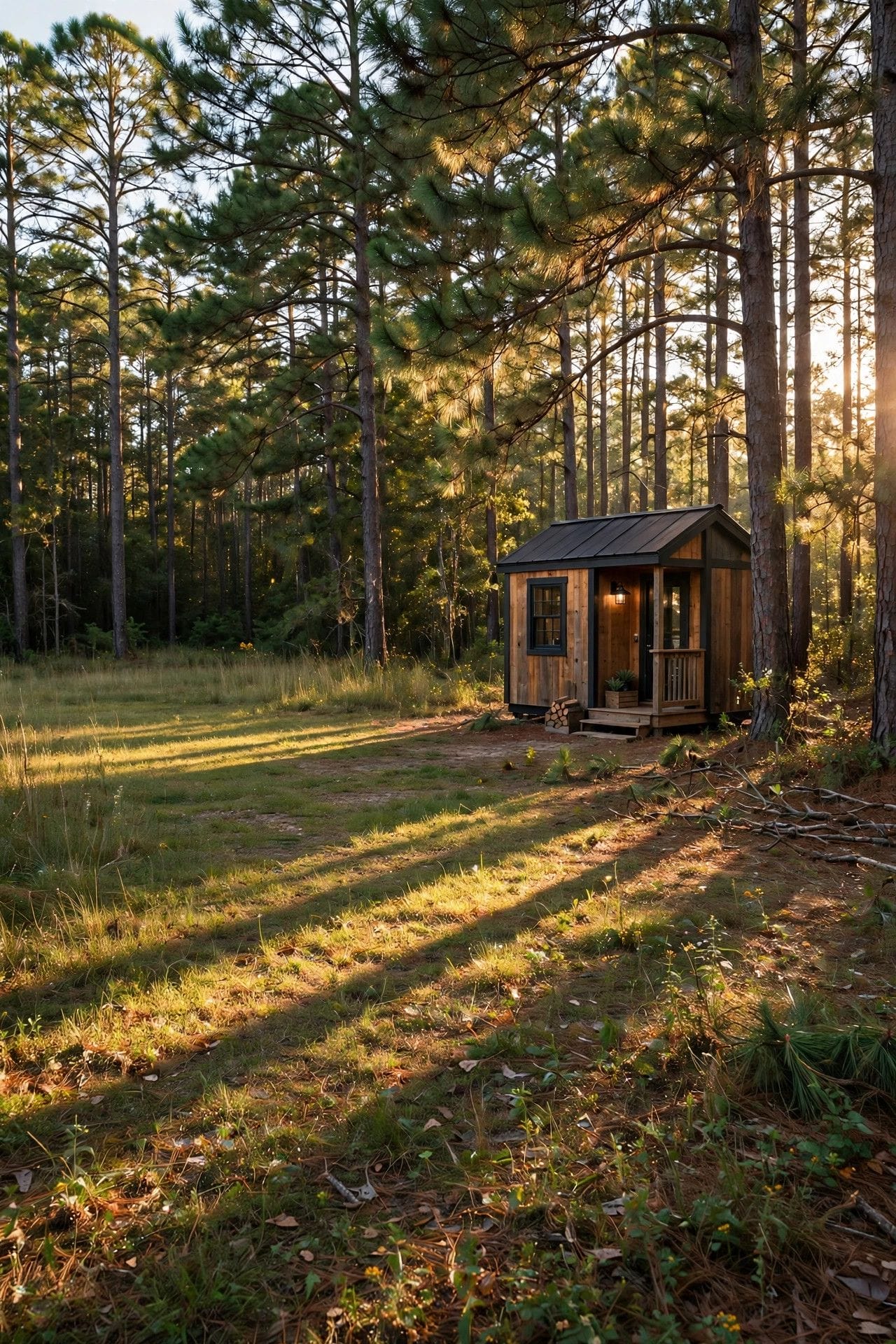 tiny house laws in Alabama: a tiny house at the edge of a pine forest clearing, the rural route most Alabama tiny homes take