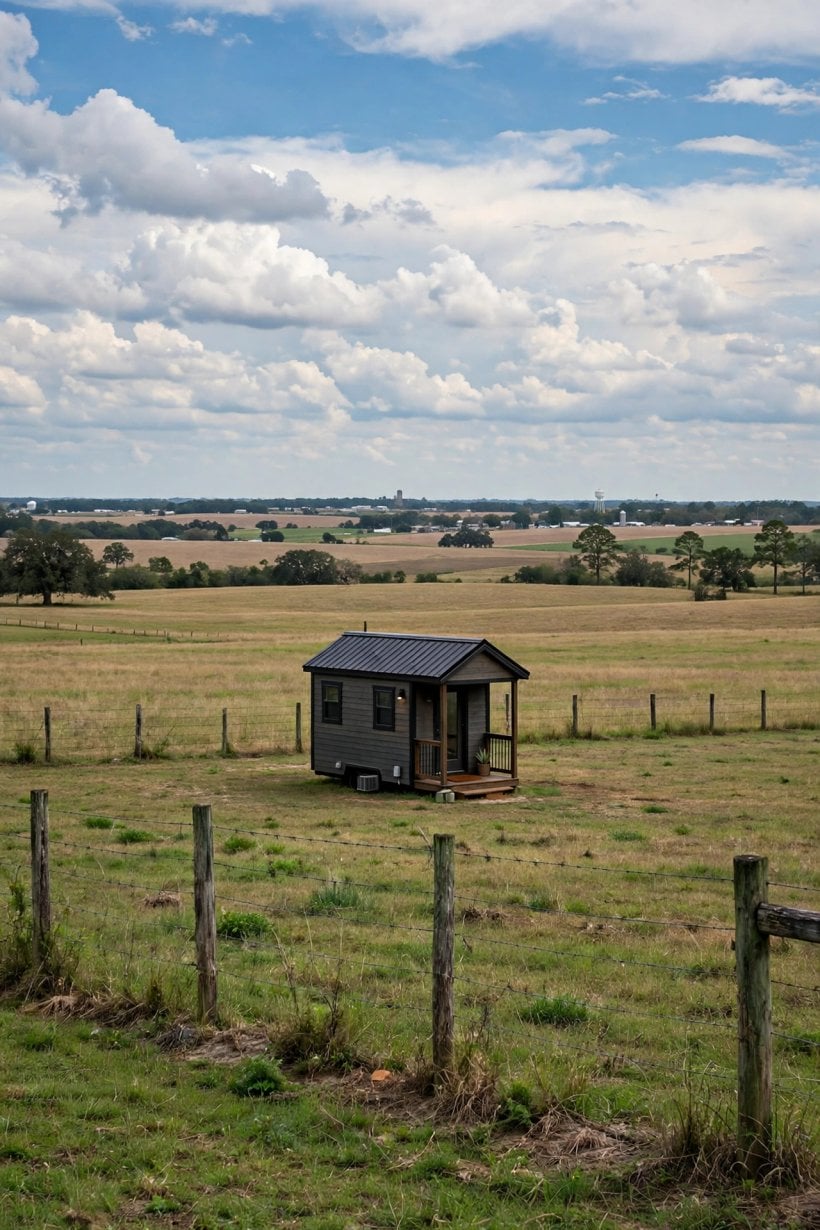 tiny house laws in Alabama: a tiny home on open farmland outside town, where county rules and septic approval decide