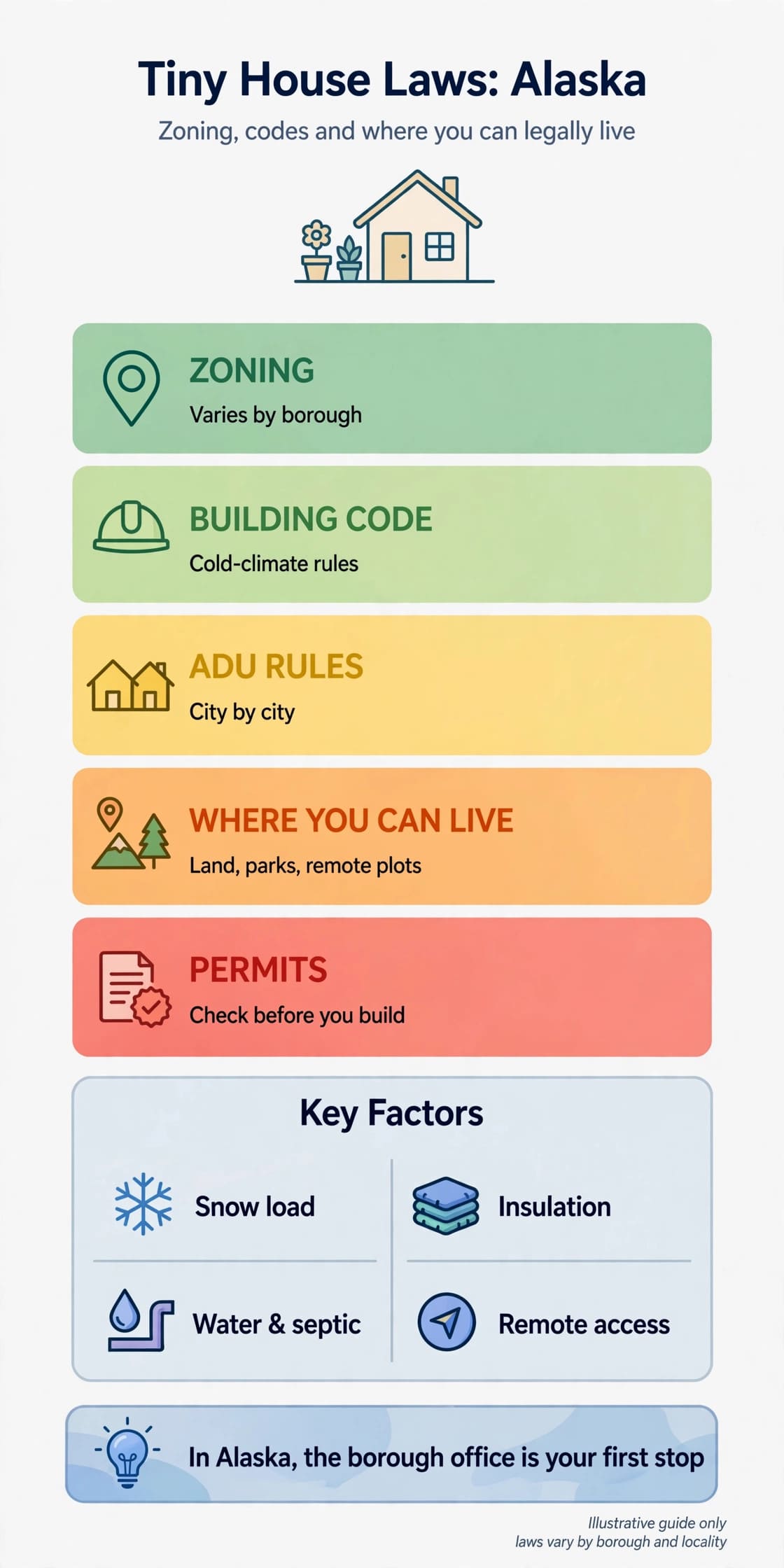 Tiny house laws in Alaska infographic — zoning, codes and where you can legally live