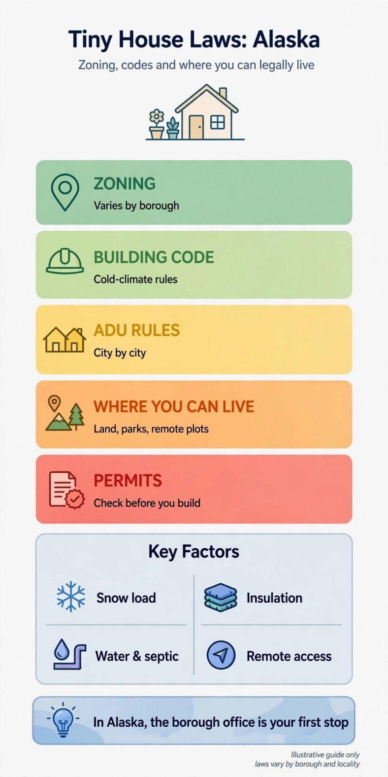 Tiny house laws in Alaska infographic — zoning, codes and where you can legally live