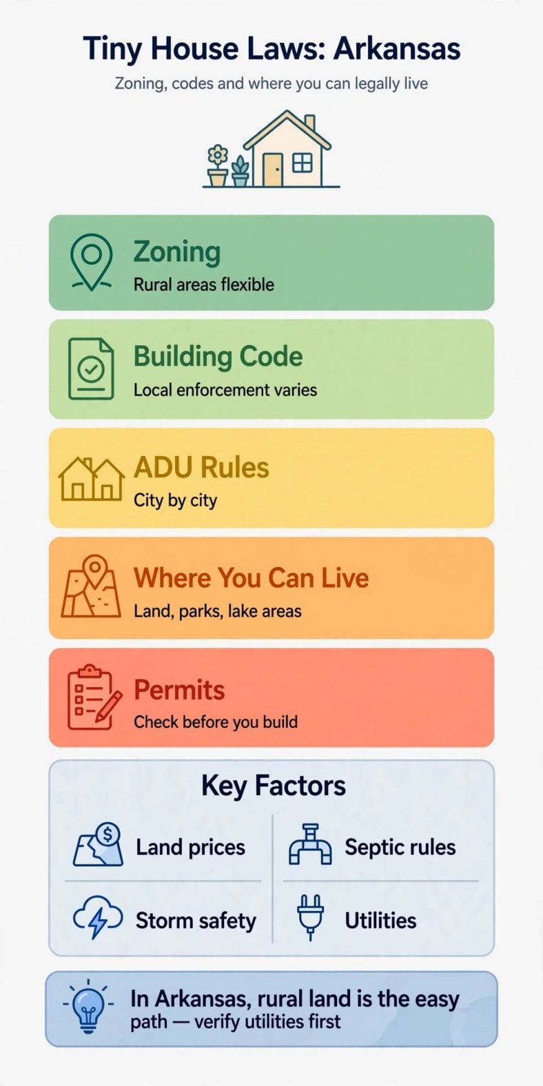 Tiny house laws in Arkansas infographic — zoning, codes and where you can legally live