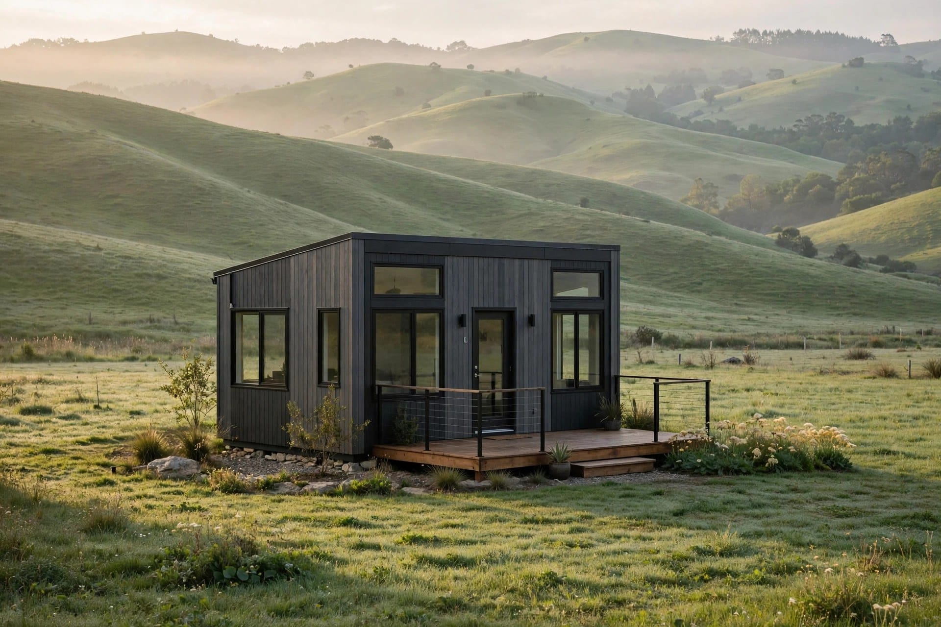 tiny house laws by state: a tiny house on a green homesite with hills behind, one state of fifty where the local rules decide