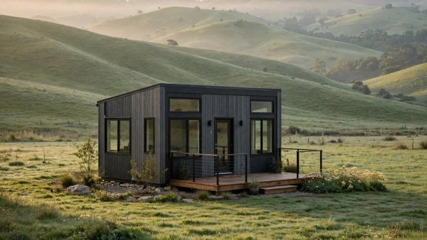 tiny house laws by state: a tiny house on a green homesite with hills behind, one state of fifty where the local rules decide