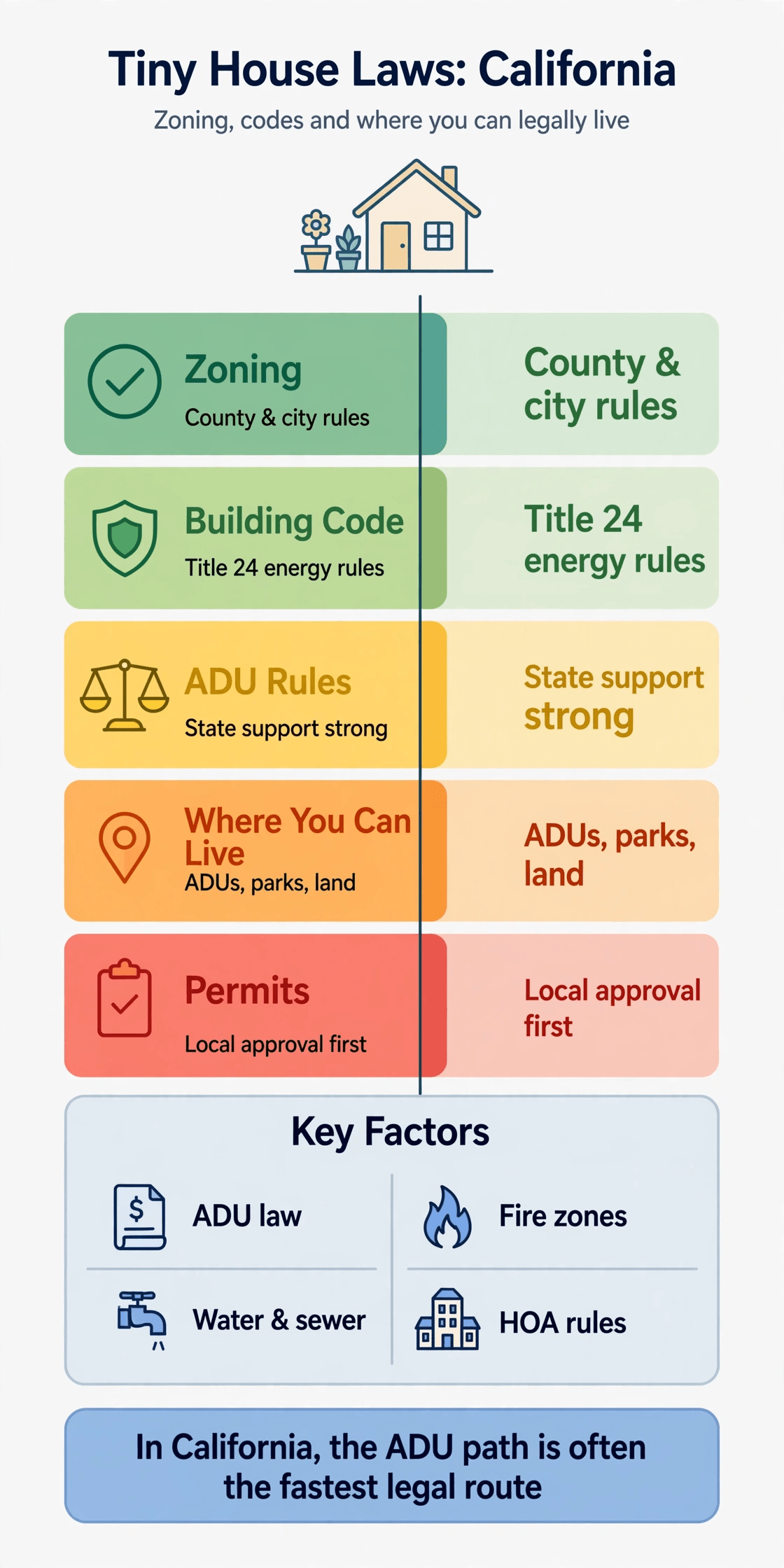 Tiny house laws in California infographic — the legal routes to living in a tiny house full time