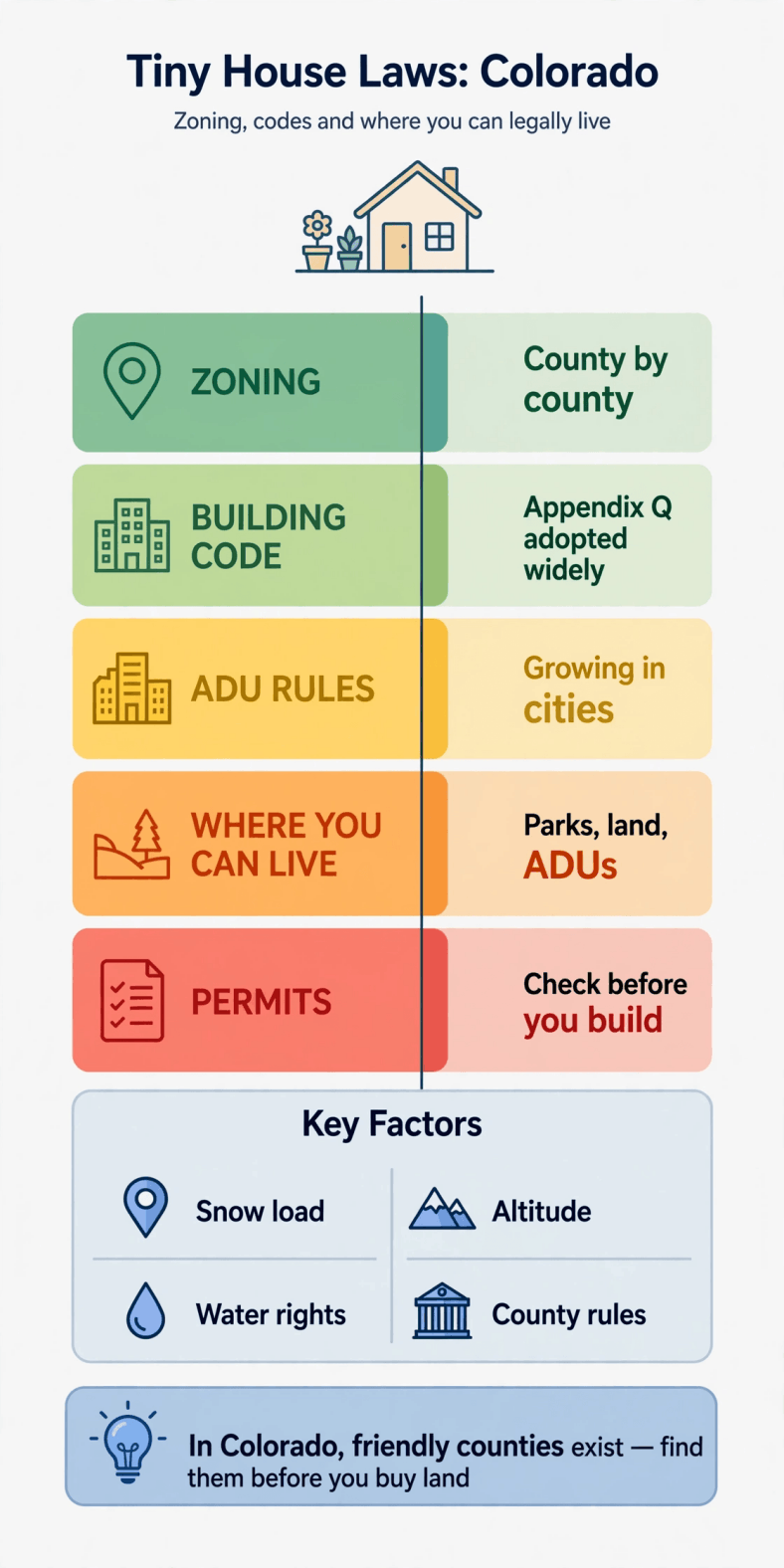 Tiny house laws in Colorado infographic — county rules and the routes to living legally full time