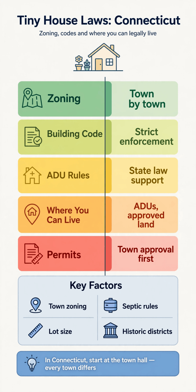 Tiny house laws in Connecticut infographic — town rules and the routes to living legally full time