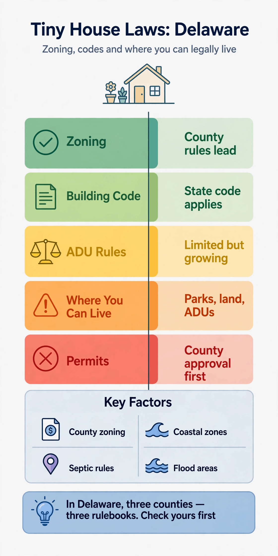 Tiny house laws in Delaware infographic — county rules and the routes to living legally full time