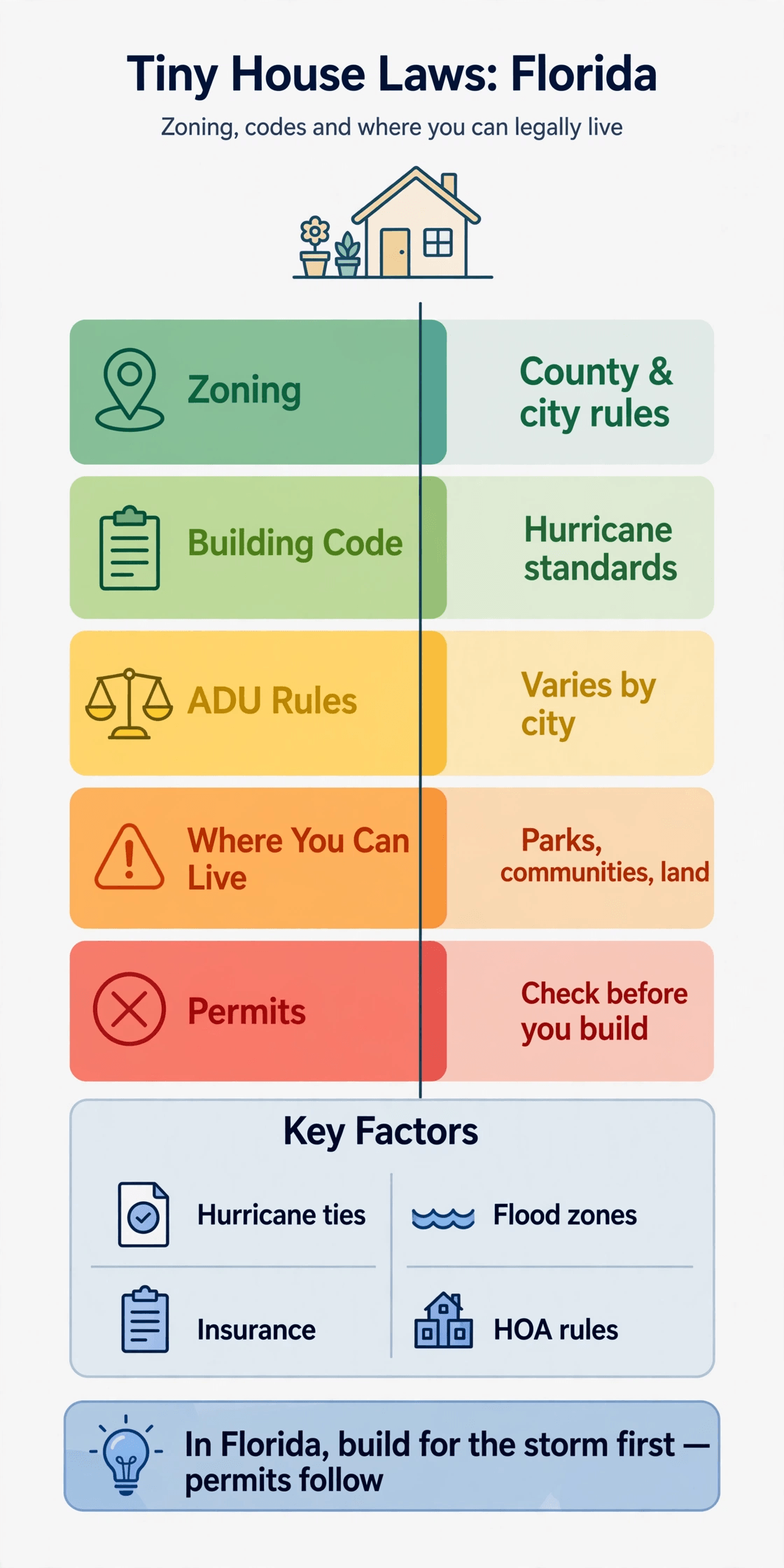 Tiny house laws in Florida infographic — hurricane codes, flood zones and the routes to living legally full time