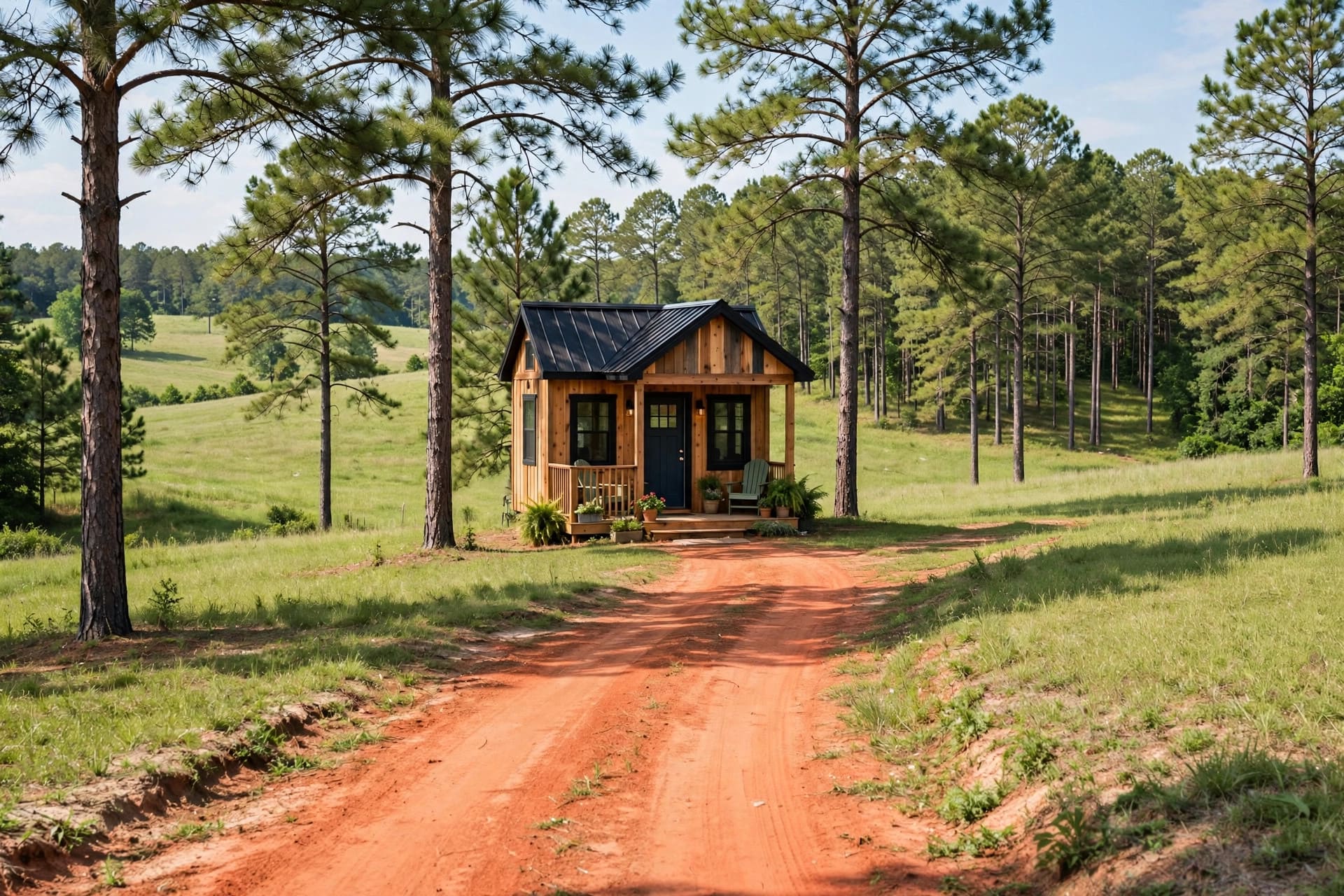 Tiny house laws in Georgia — a small cottage-style tiny home set among Georgia pines