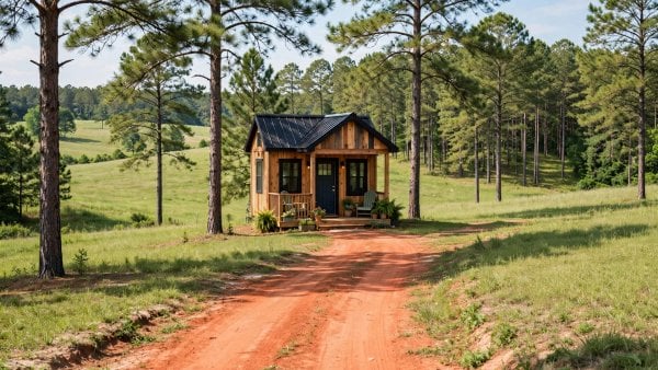 Tiny house laws in Georgia — a small cottage-style tiny home set among Georgia pines