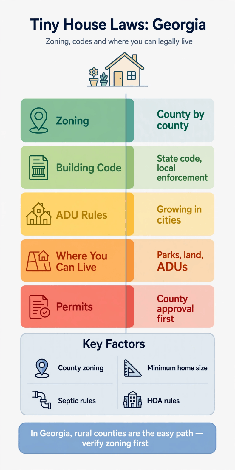 Tiny house laws in Georgia — infographic summary of zoning, building codes and legal places to live